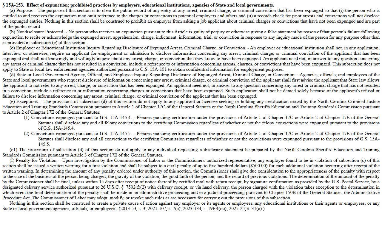 Camden County criminal court records G.S. 15A-153 expunction effect source
