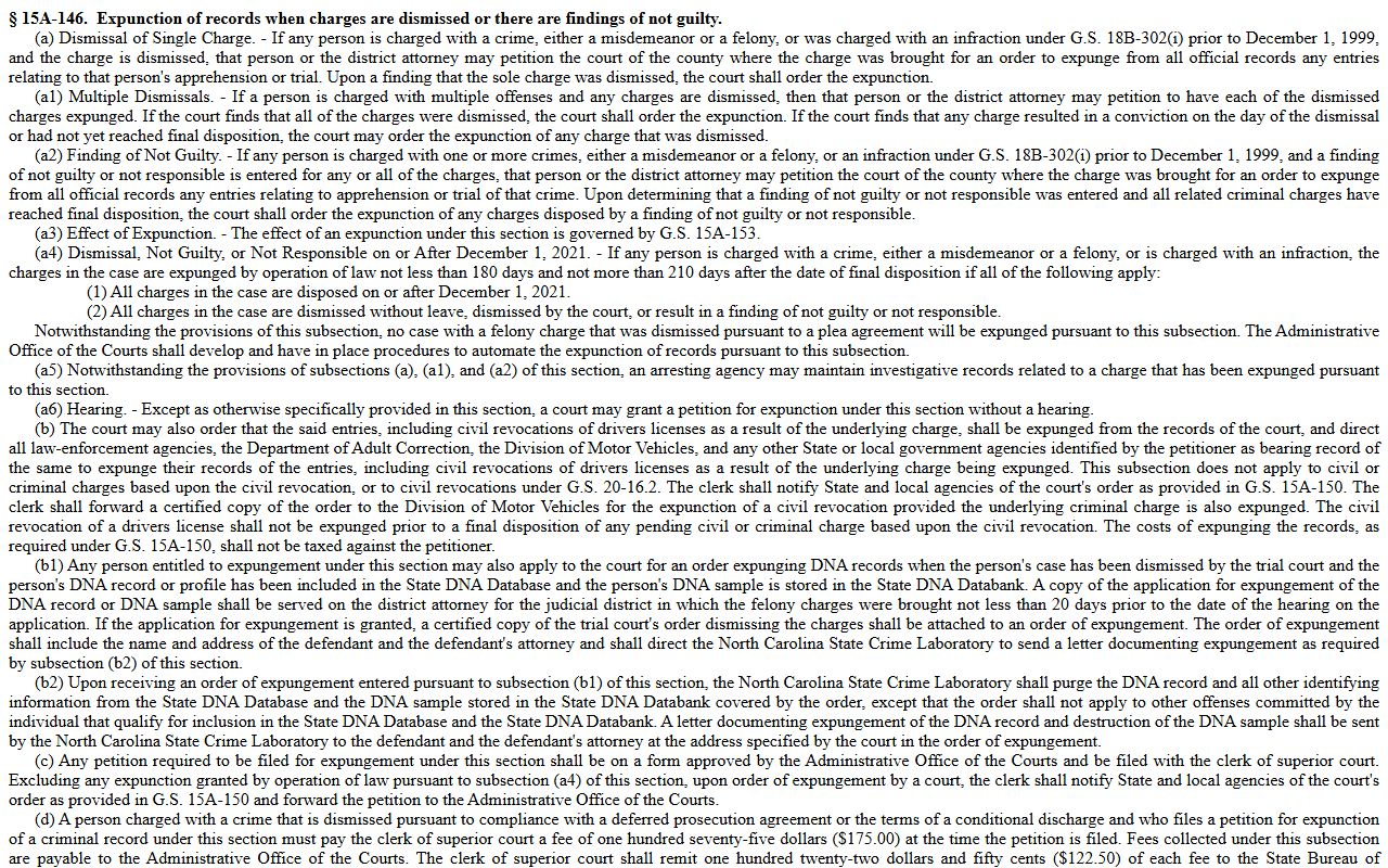 Camden County criminal court records G.S. 15A-146 expunction source
