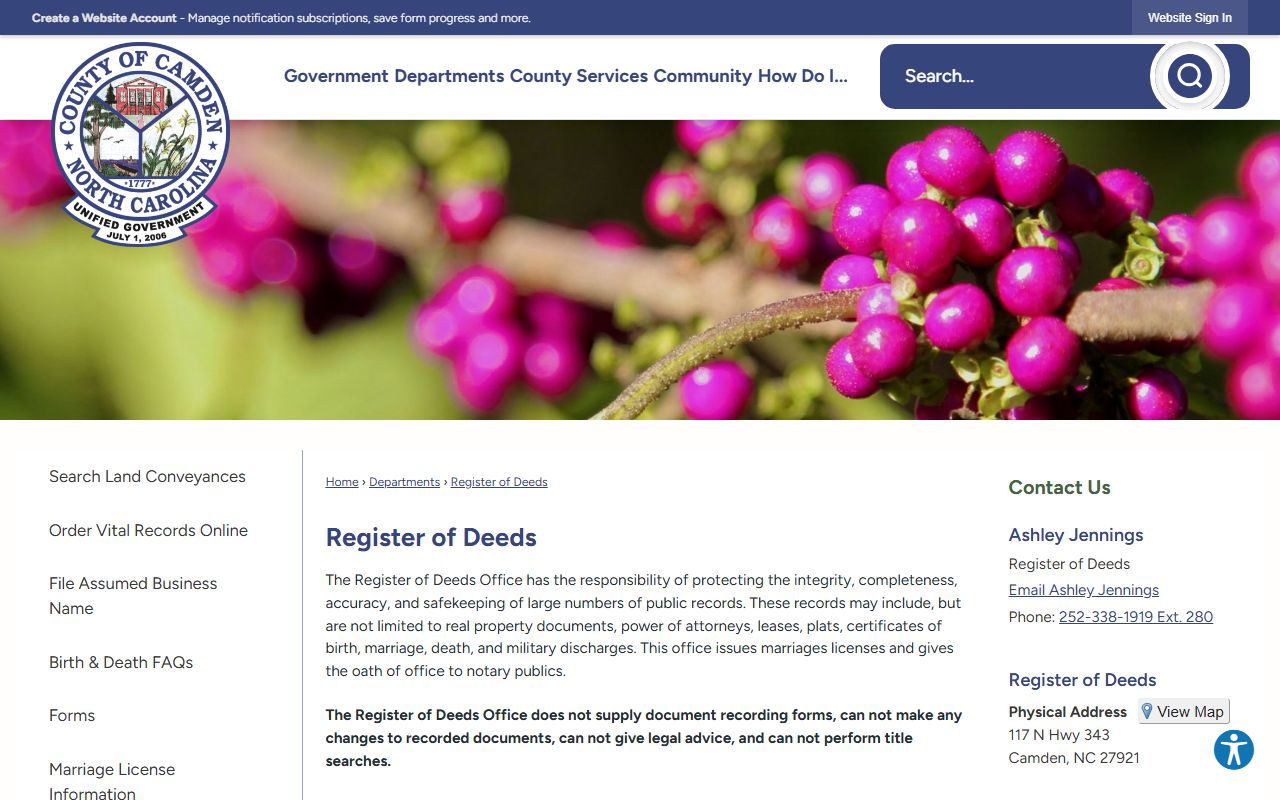 Camden County marriage divorce probate records Register of Deeds page