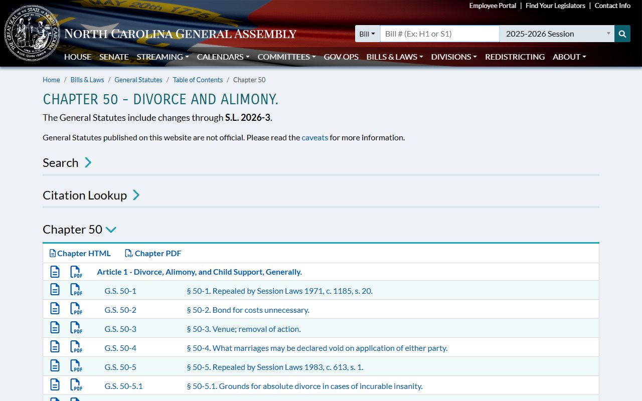 Camden County divorce records North Carolina statutes
