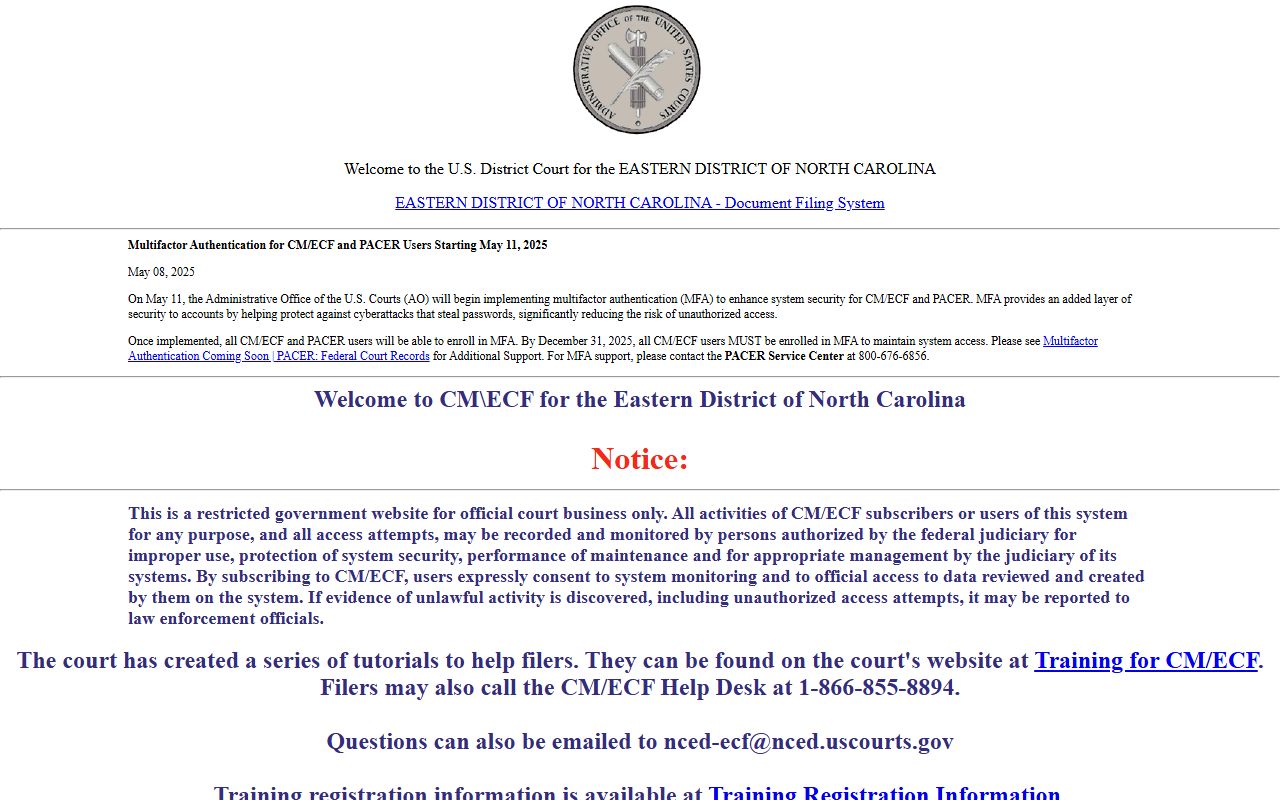 Camden County traffic court records EDNC CM ECF federal login page